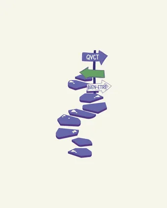 Illustration : un chemin de pierres et des panneaux QVCT et bien-être